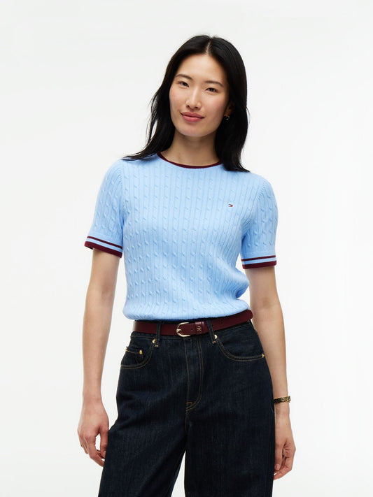 Tommy Hilfiger Short-Sleeve Cable Knit Tipped Sweater