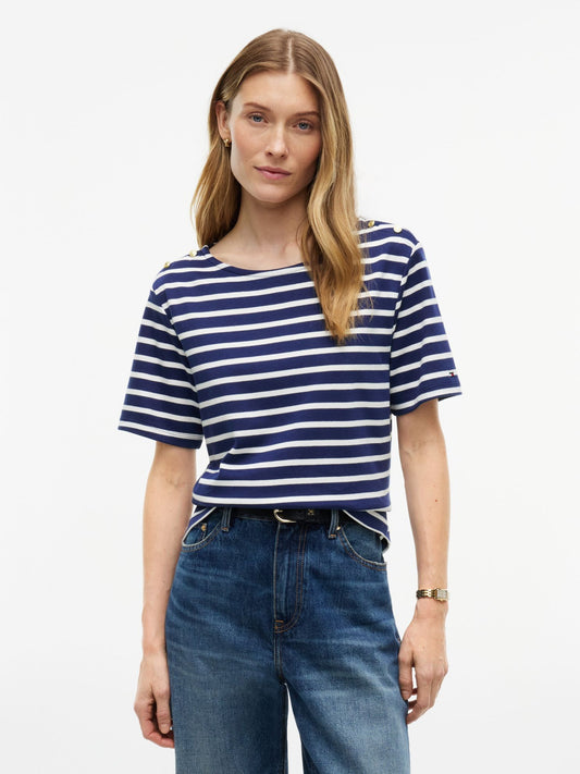Tommy Hilfiger Gold-Button Striped Interlock T-Shirt