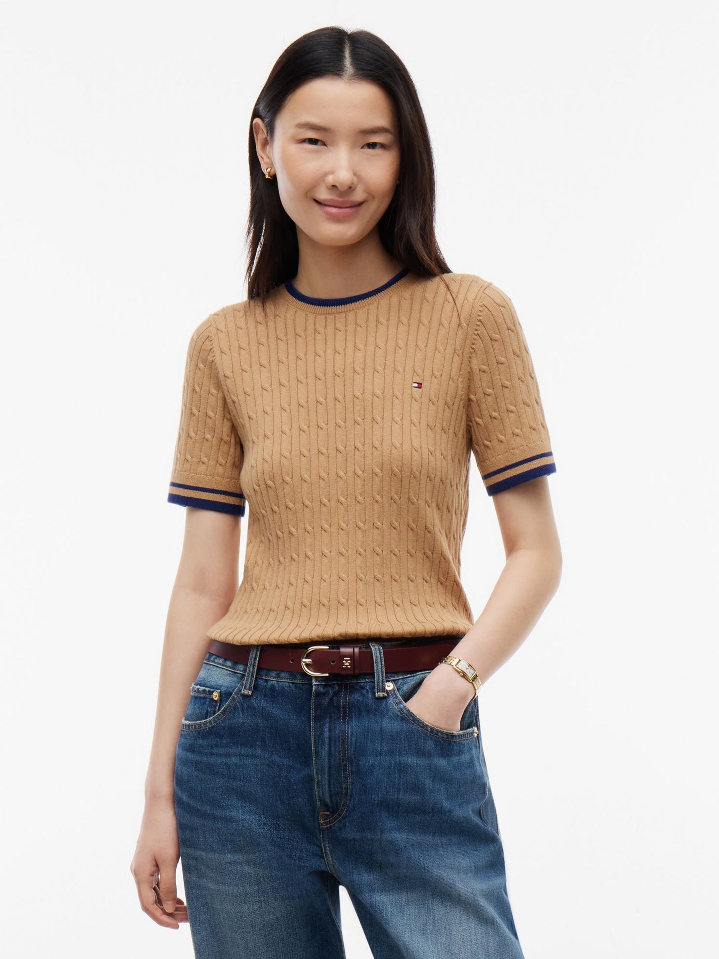 Tommy Hilfiger Short-Sleeve Cable Knit Tipped Sweater
