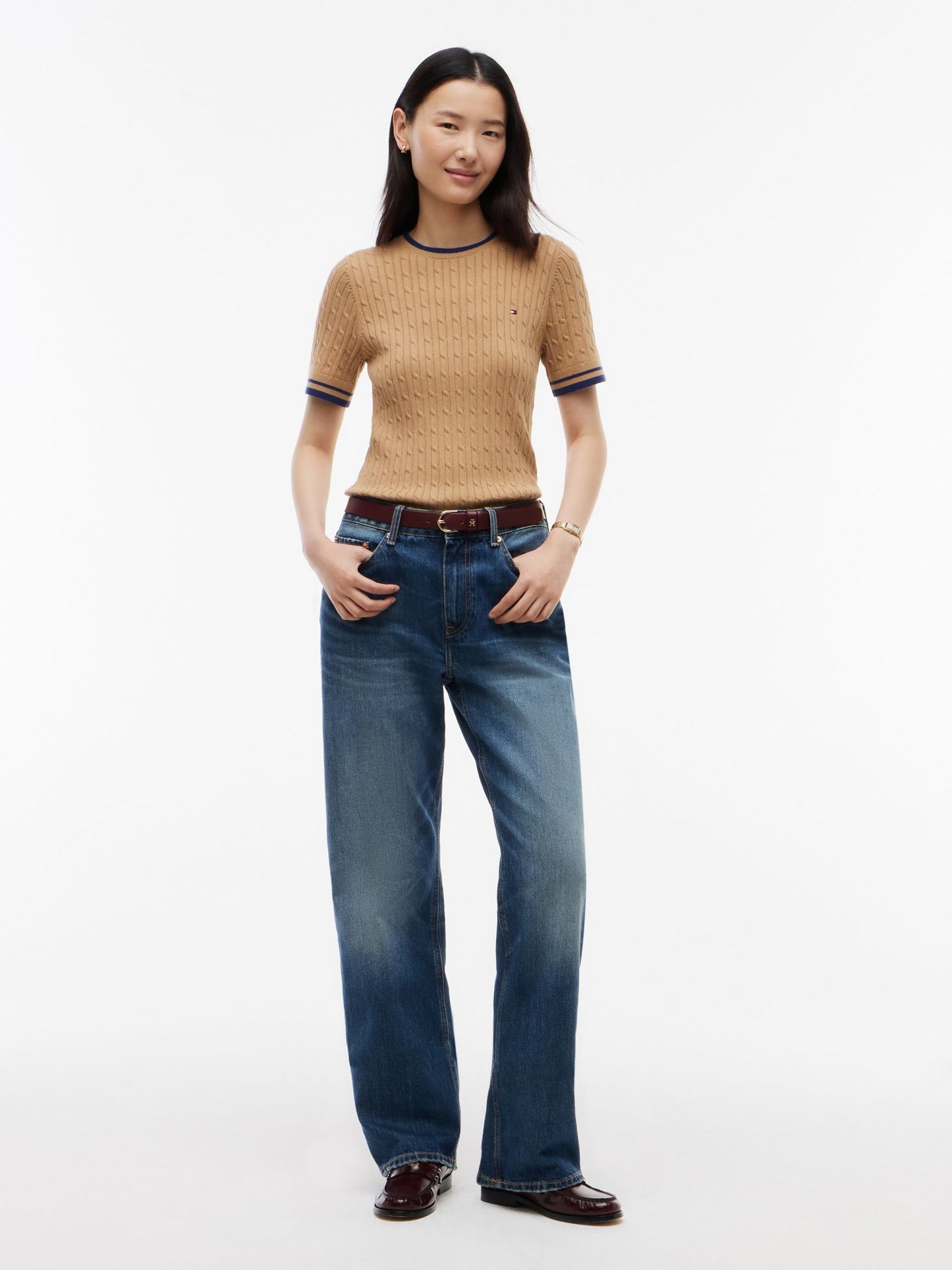 Tommy Hilfiger Short-Sleeve Cable Knit Tipped Sweater