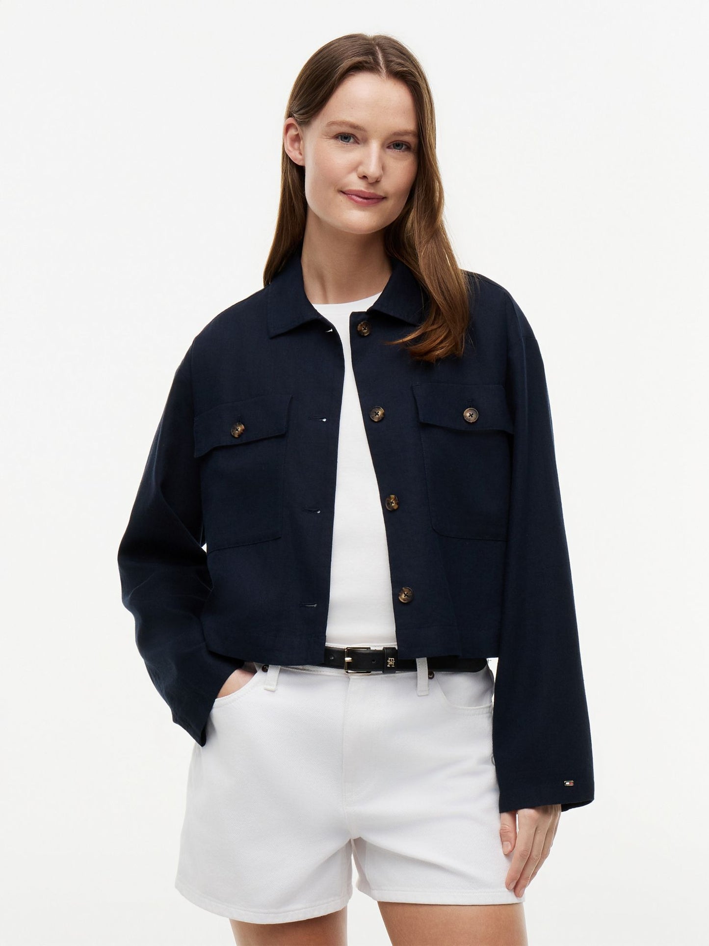 Tommy Hilfiger Linen-Blend Cropped Shirt Jacket