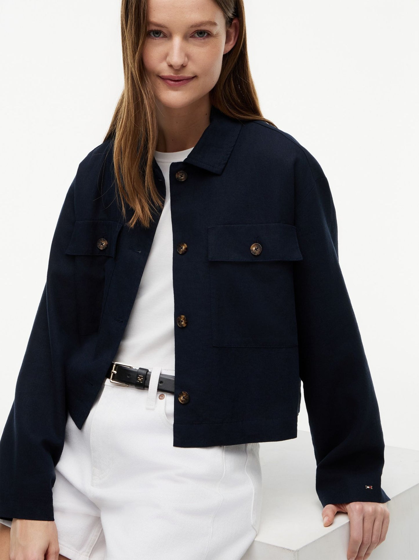 Tommy Hilfiger Linen-Blend Cropped Shirt Jacket