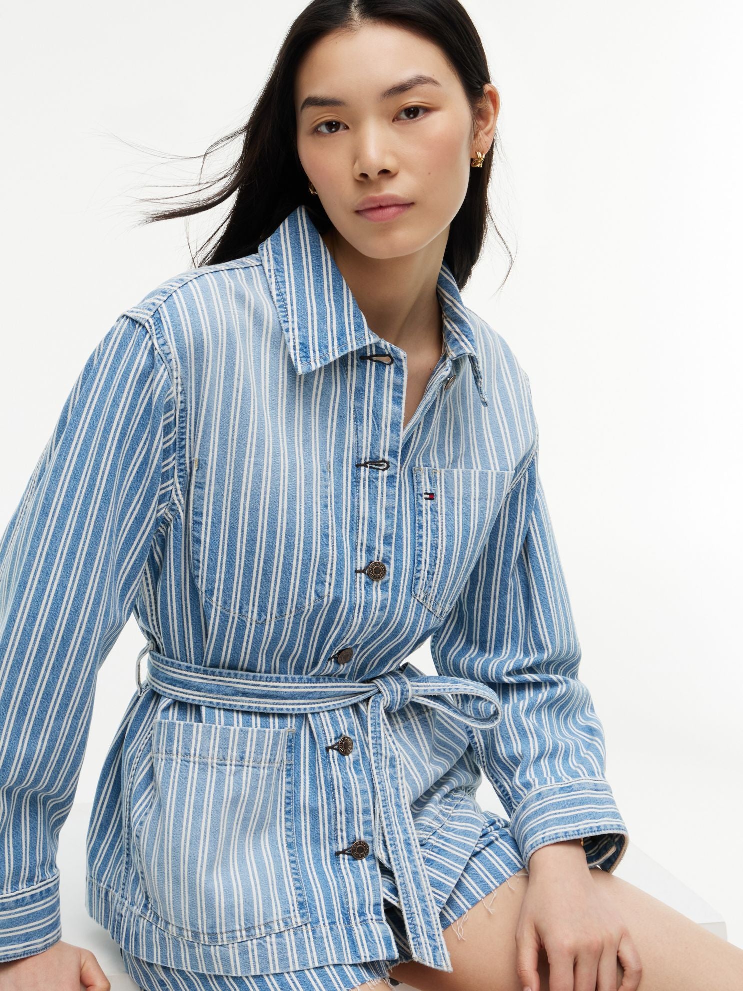 Tommy Hilfiger Railroad Stripe Belted Denim Jacket
