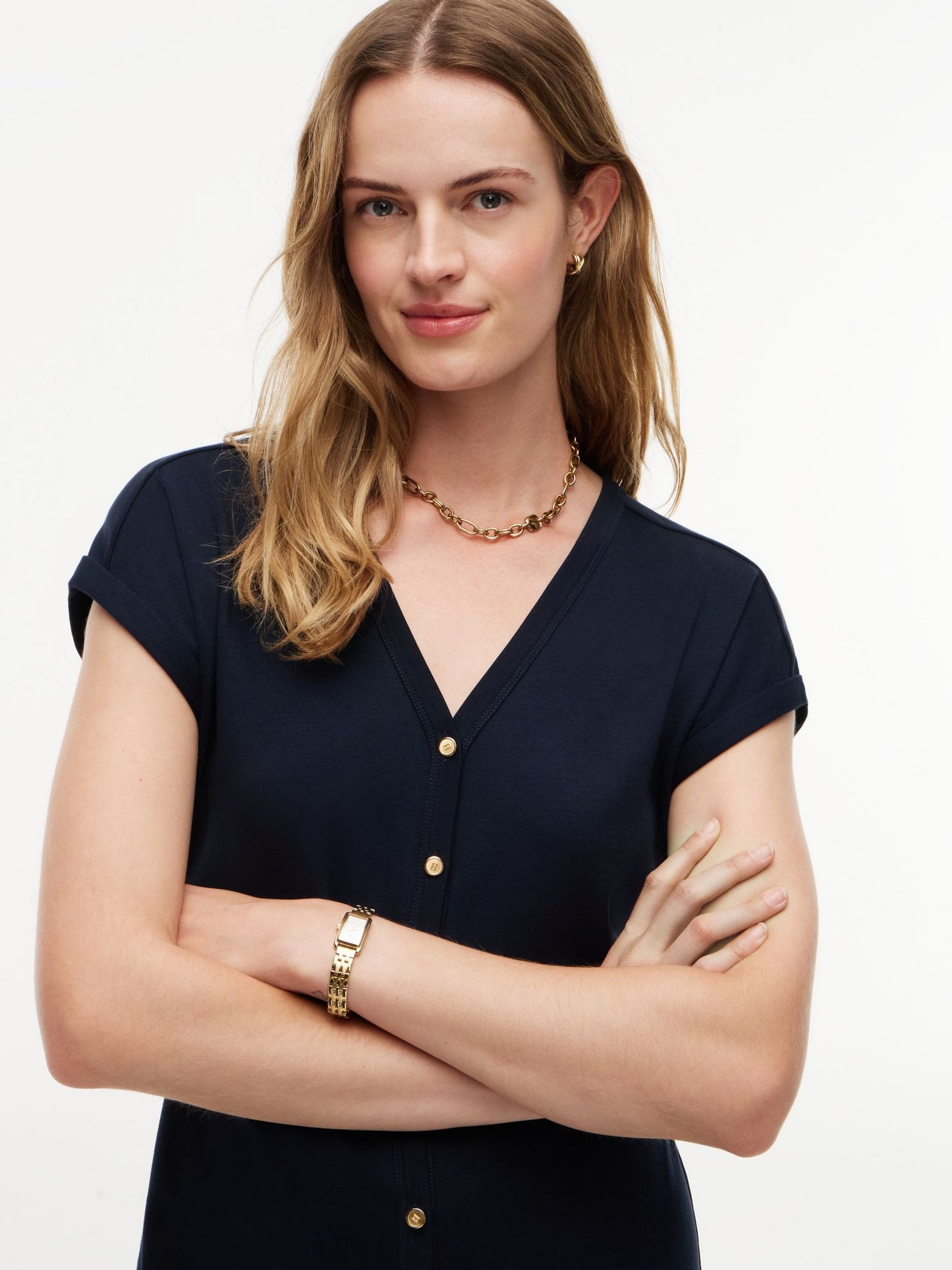 Tommy Hilfiger Gold-Button Interlock Midi Dress