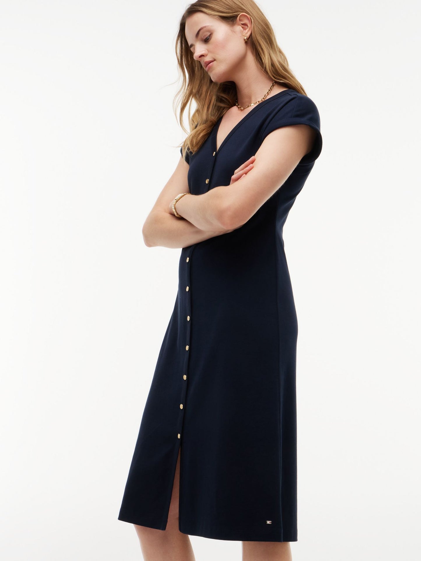 Tommy Hilfiger Gold-Button Interlock Midi Dress
