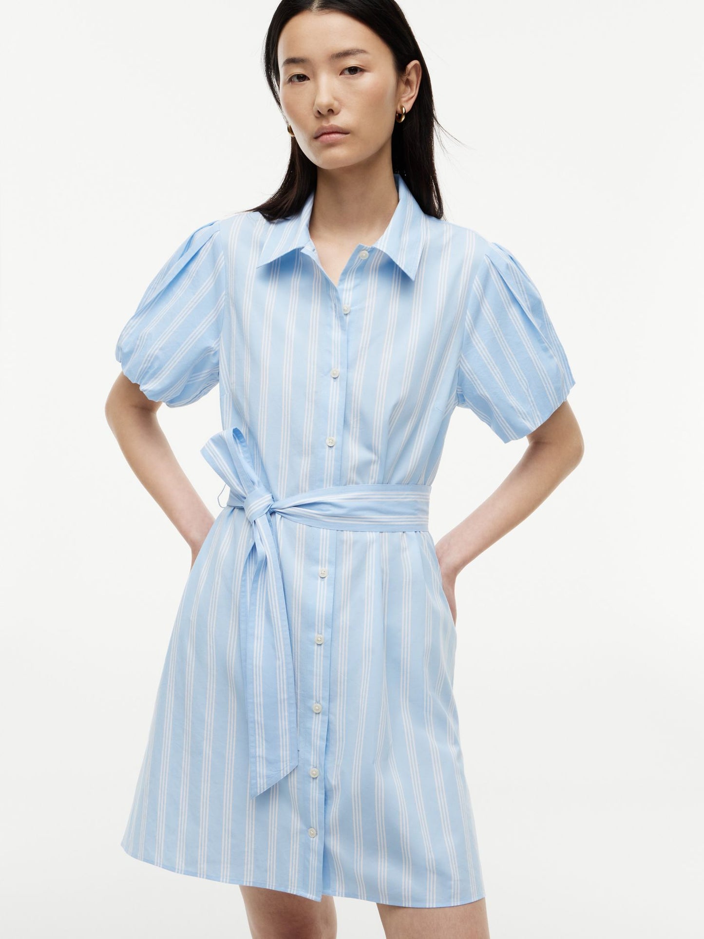 Tommy Hilfiger Striped Puff-Sleeve Poplin Shirtdress