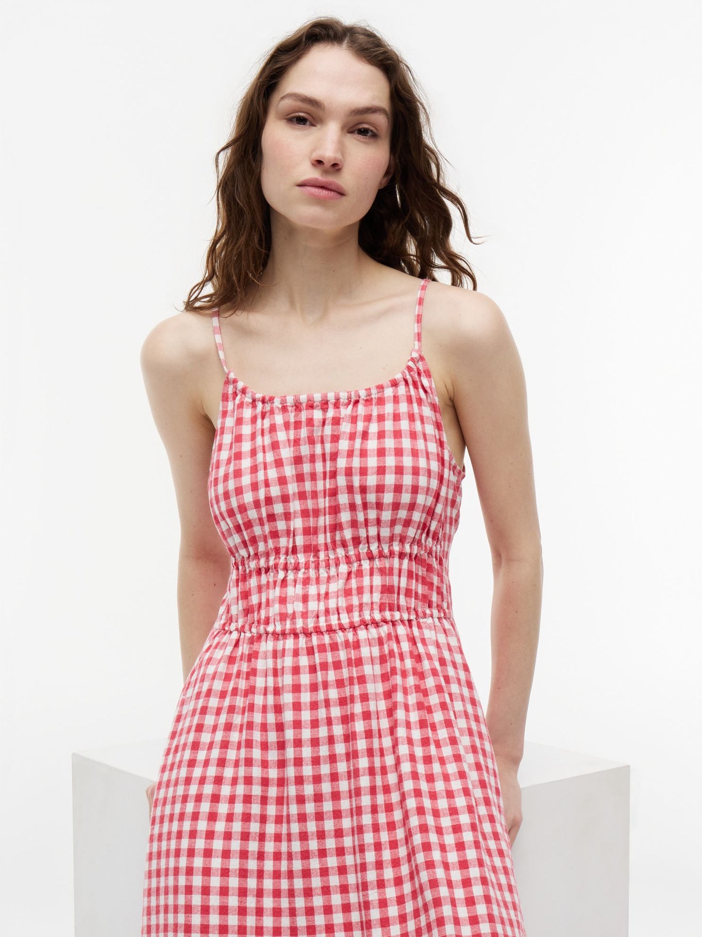 Tommy Hilfiger Gingham Shirred Linen-Blend Midi Dress