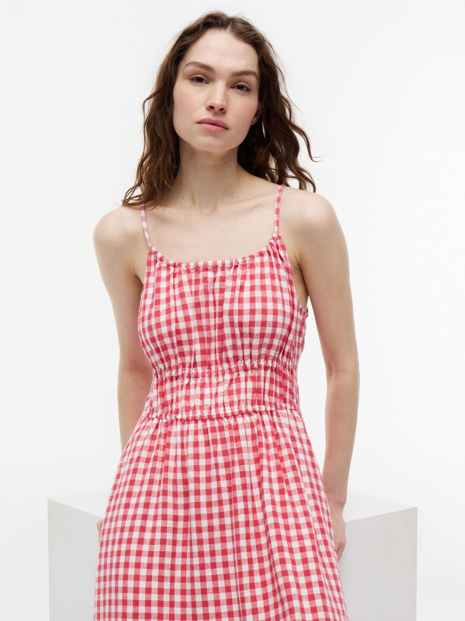 Tommy Hilfiger Gingham Shirred Linen-Blend Midi Dress