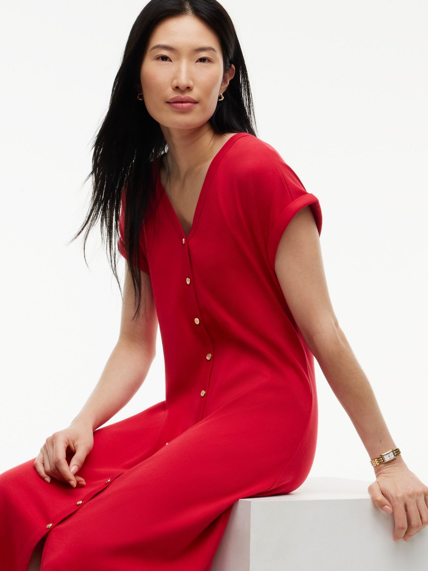Tommy Hilfiger Gold-Button Interlock Midi Dress