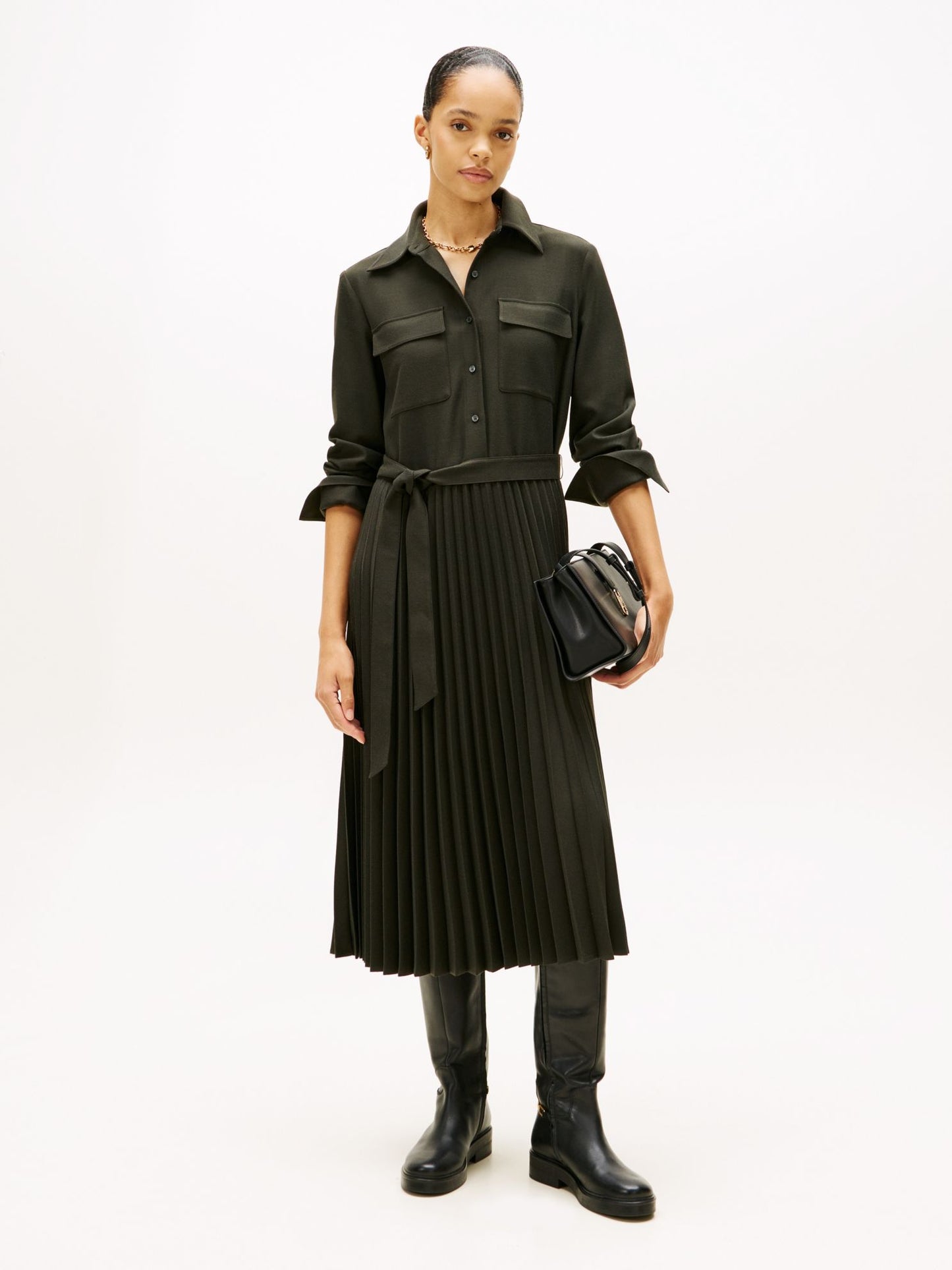 Tommy Hilfiger Belted Pleated Twill Shirtdress