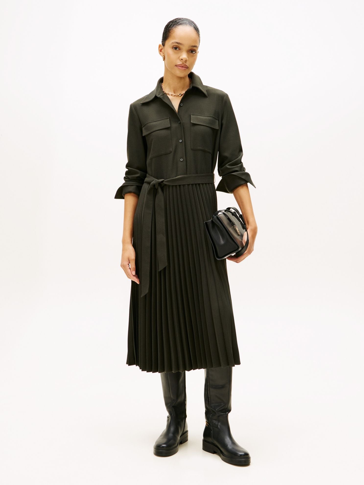 Tommy Hilfiger Belted Pleated Twill Shirtdress