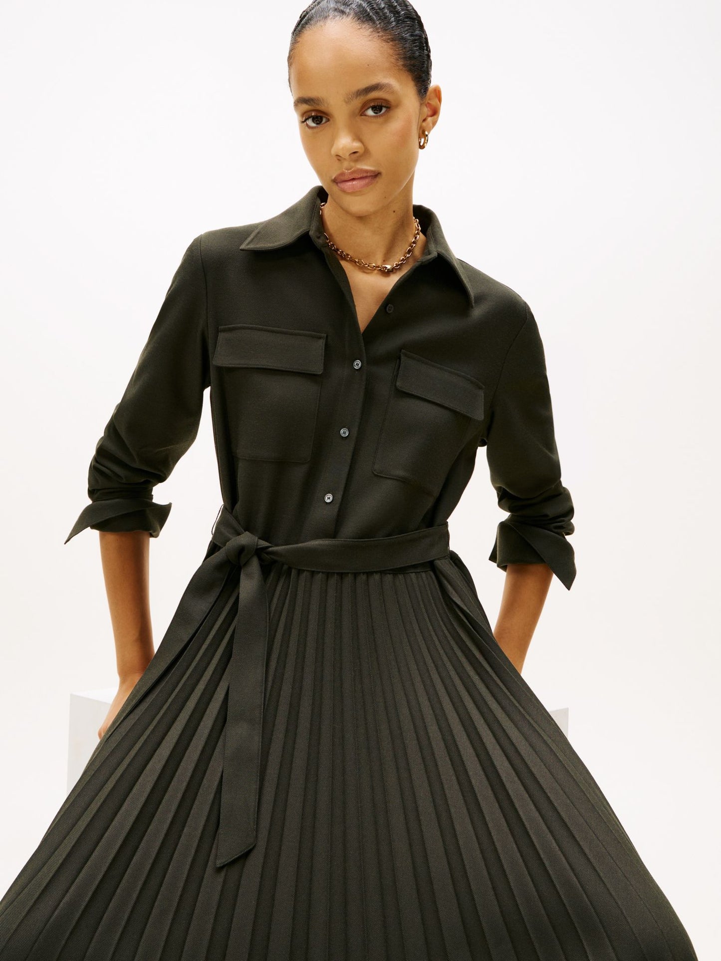 Tommy Hilfiger Belted Pleated Twill Shirtdress