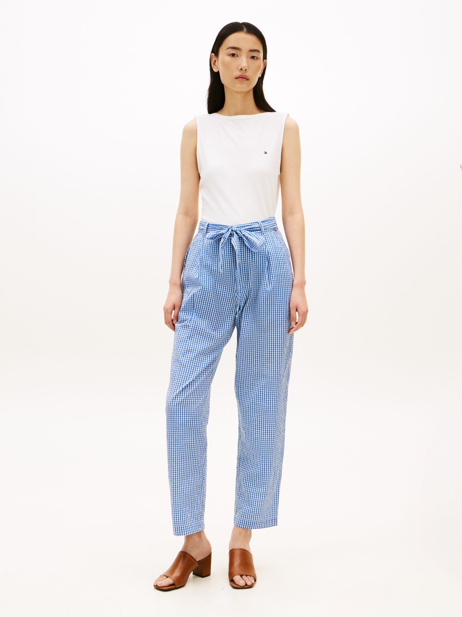 Tommy Hilfiger Belted Gingham Seersucker Tapered Pant