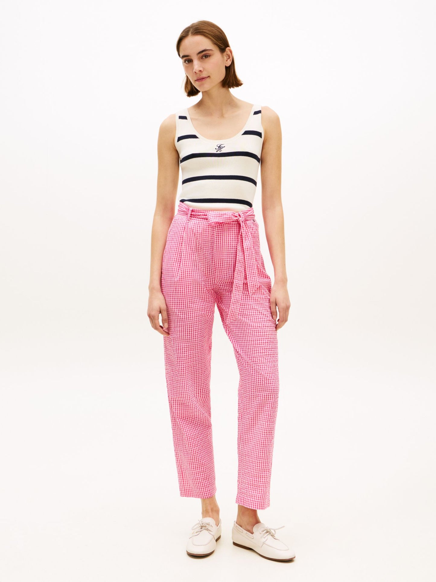 Tommy Hilfiger Belted Gingham Seersucker Tapered Pant