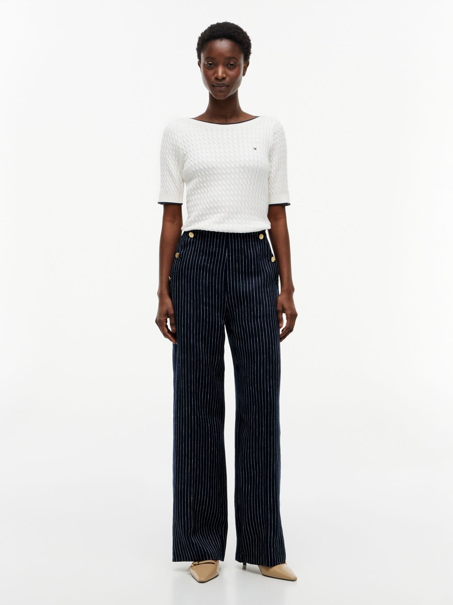 Tommy Hilfiger Gold-Button Striped Wide Leg Pant