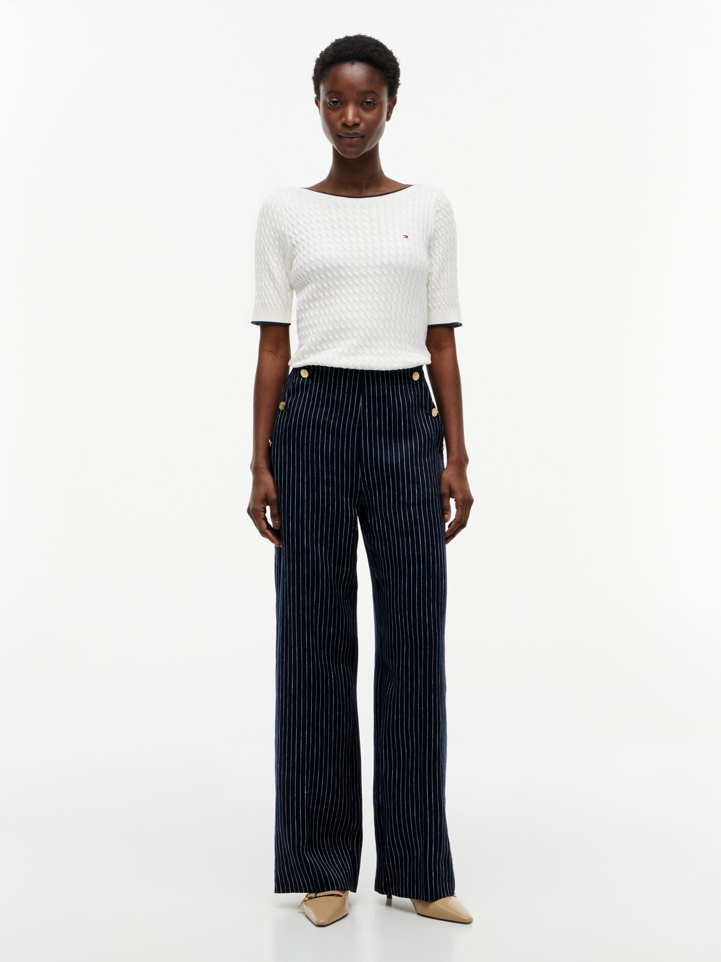 Tommy Hilfiger Gold-Button Striped Wide Leg Pant