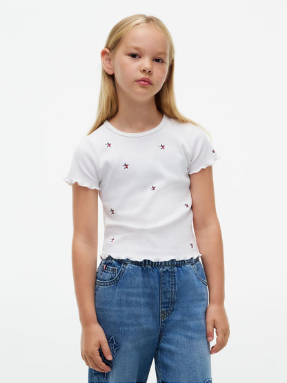 Tommy Hilfiger Kids' Star Logo Ribbed Lettuce-Trim Top
